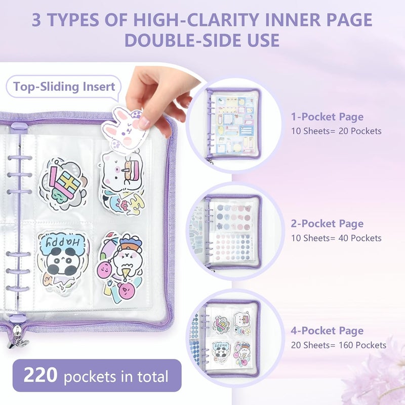 NOCAFI Sticker Organizer Binder Storage Book A5 Reusable Sticker Book Collecting Holder Display Album with 220 Pockets and Zipper Closure (Purple) - Image 3